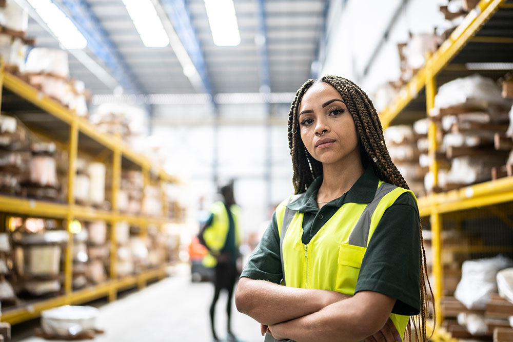 Portrait of a woman in a factory